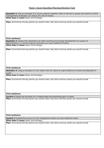 GCSE Geography Exam Question Planning Task