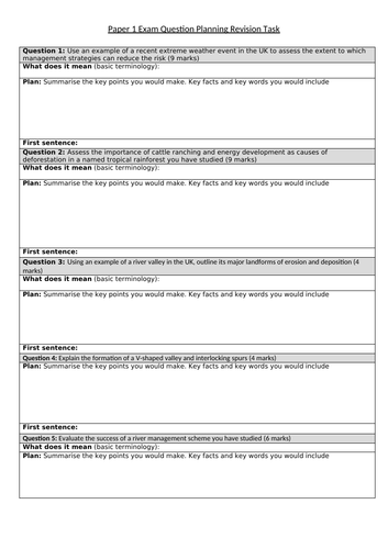 GCSE Geography Exam Question Planning Task | Teaching Resources