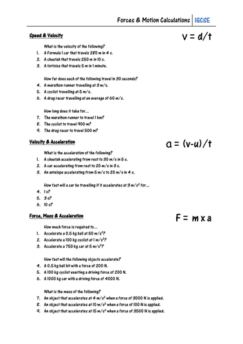 Forces & Motion Calculations Worksheet