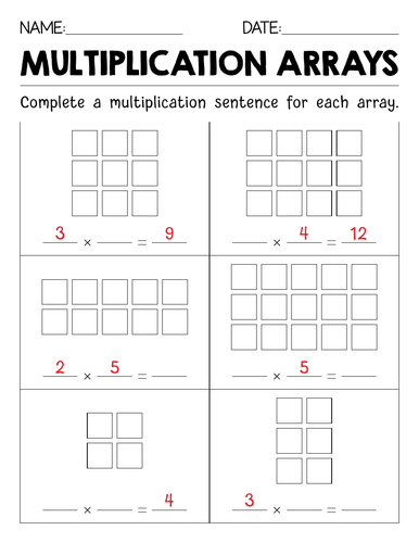 Multiplication problems using arrays worksheets