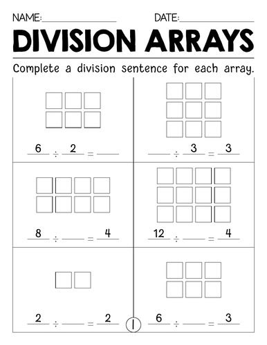 Division problems using Arrays worksheets with Answer Key