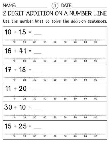 2 Digit Addition on the Number Line worksheets