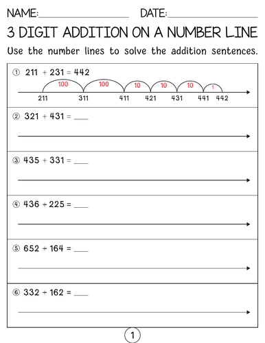 Adding 3 digit numbers on a open number Line worksheets