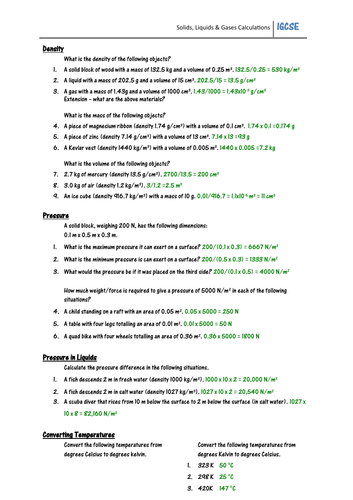 Solids, Liquids & Gases Calculations Worksheet