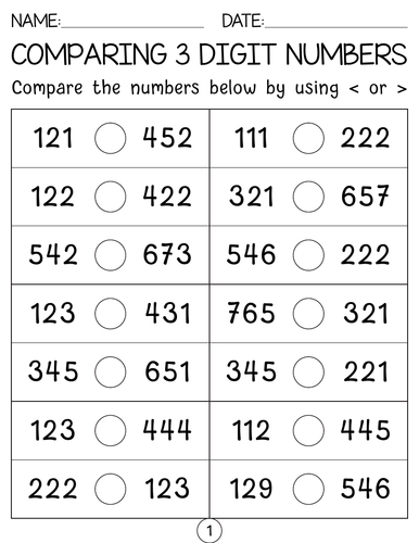 Comparing 3 digit numbers worksheets
