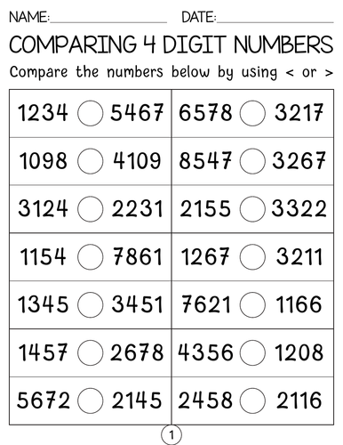 Comparing 4 digit numbers worksheets