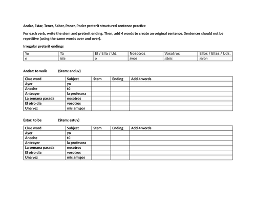 U stem verbs preterit structured sentence practice