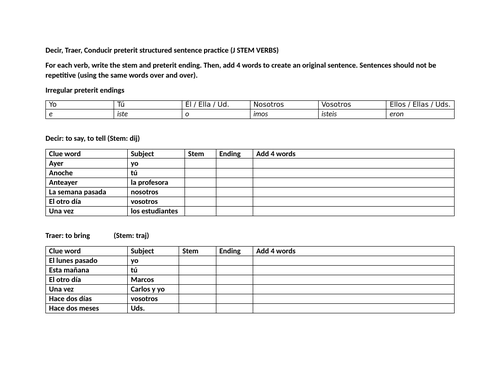 J stem verbs preterit structured sentence practice