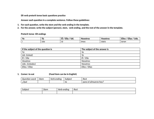 ER verb preterit tense basic questions practice