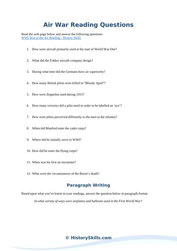 WWI Aircraft Reading Questions Worksheet
