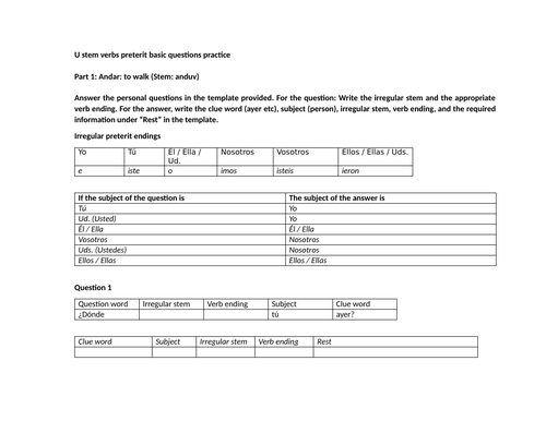 U stem verbs preterit basic questions practice