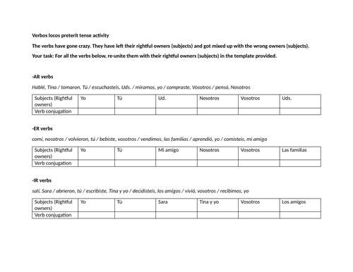 Verbos locos preterit tense activity