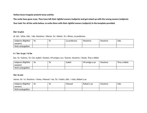 Verbos locos irregular preterit tense activity