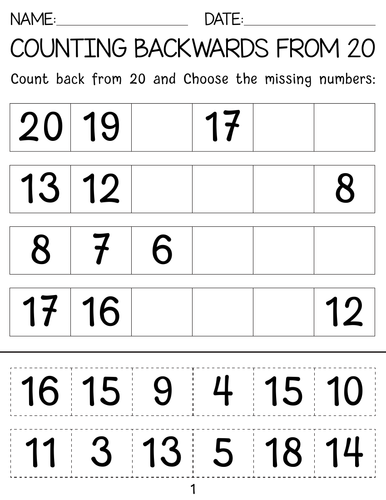 Counting Backwards From 20 to 0 worksheets with Answer Key