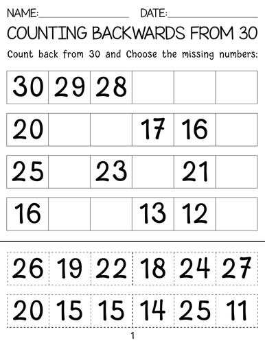 Counting backwards From 30 to 1 worksheets with Answer Key