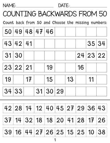 Counting backwards From 50 to 1 worksheets with Answer Key