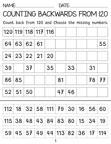 Counting backwards From 120 worksheets with Answer Key