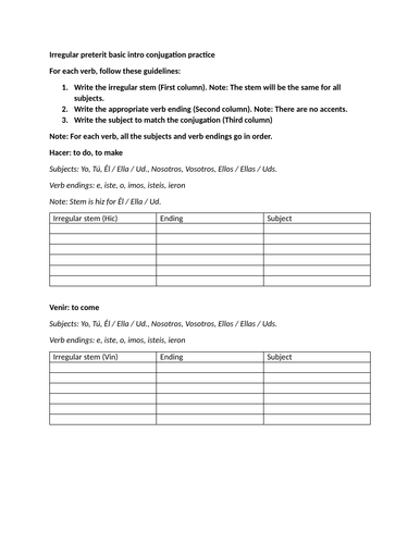 Irregular preterit basic intro conjugation practice