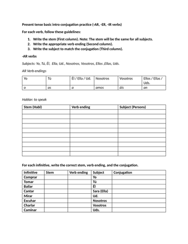 Present tense basic intro conjugation practice (-AR, -ER, -IR verbs)