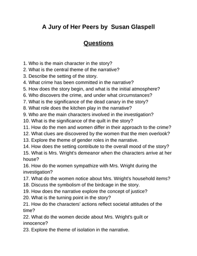 A Jury of Her Peers by Susan Glaspell 40 Reading Comprehension Questions (Editable)
