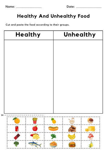 healthy and unhealthy food cut and paste worksheet