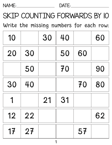 Counting Forwards And Backwards by 10 worksheets with Answer Key