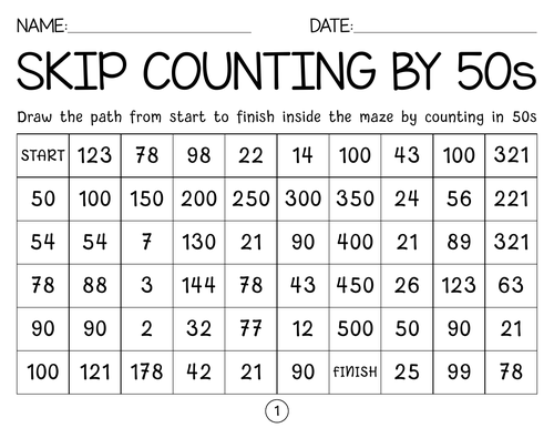 Skip counting by (50, 100, 1000) Mazes with Answer Key