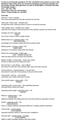 Formulae for Edexcel GCSE Business