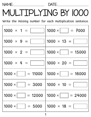 Multiplying And Dividing by 1000 worksheets with Answer Key