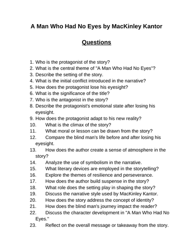 A Man Who Had No Eyes. 40 Reading Comprehension Questions (Editable)