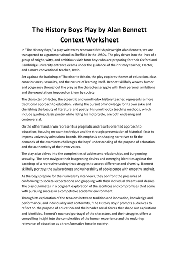 The History Boys Play by Alan Bennett Context Worksheet