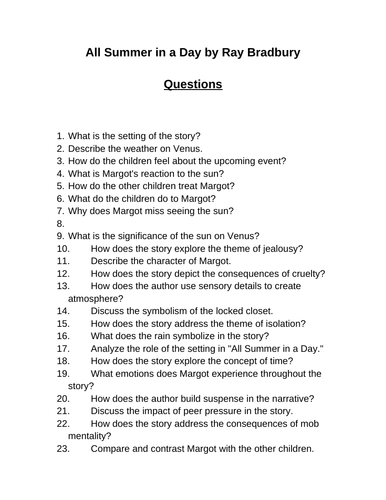 All Summer in a Day. 40 Reading Comprehension Questions (Editable)