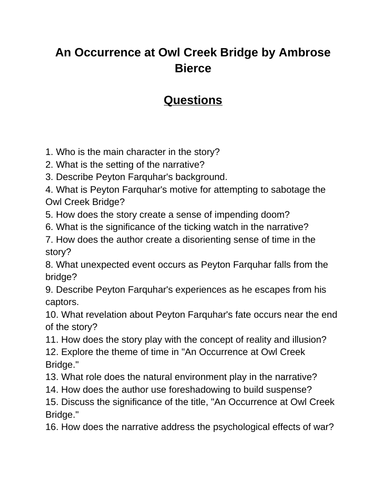 An Occurrence at Owl Creek Bridge. 40 Reading Comprehension Questions (Editable)