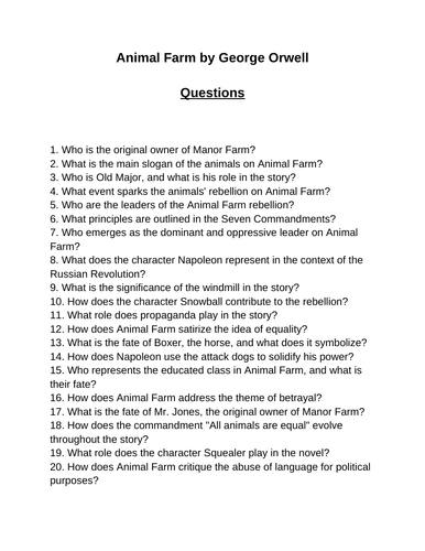 Animal Farm. 40 Reading Comprehension Questions (Editable) | Teaching ...