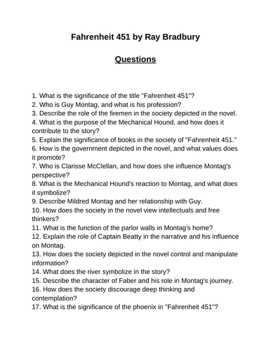 Fahrenheit 451. 40 Reading Comprehension Questions (Editable)