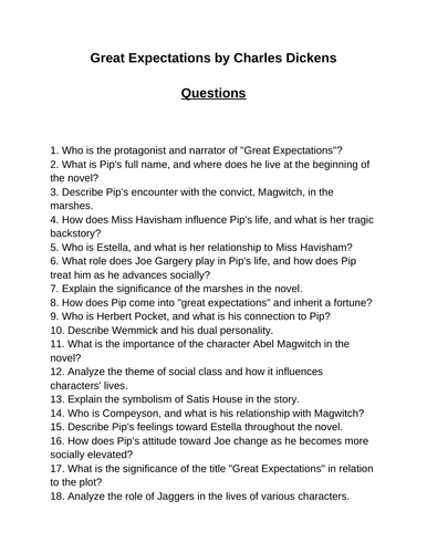 Great Expectations. 40 Reading Comprehension Questions (Editable)