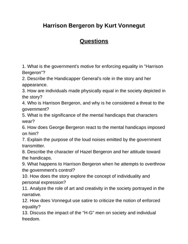 Harrison Bergeron. 40 Reading Comprehension Questions (Editable)