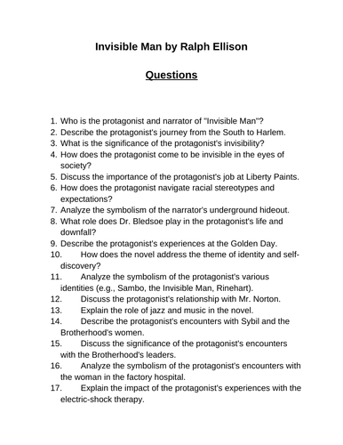 Invisible Man. 40 Reading Comprehension Questions (Editable)