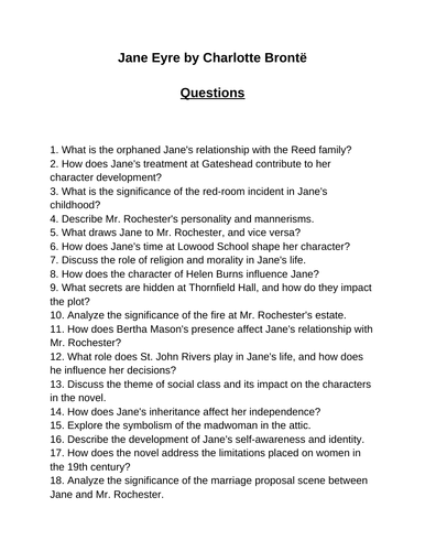 Jane Eyre. 40 Reading Comprehension Questions (Editable)