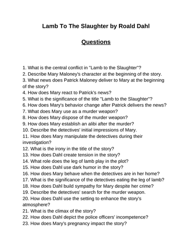 Lamb To The Slaughter. 40 Reading Comprehension Questions (Editable)
