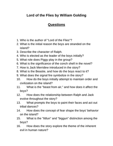 Lord of the Flies. 40 Reading Comprehension Questions (Editable)