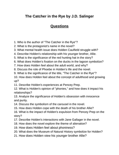 The Catcher in the Rye. 40 Reading Comprehension Questions (Editable)