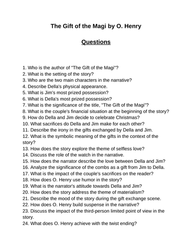 The Gift of the Magi. 40 Reading Comprehension Questions (Editable)