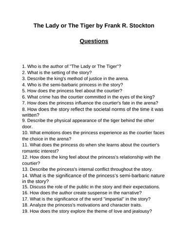 The Lady or The Tiger. 40 Reading Comprehension Questions (Editable)