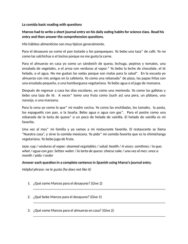 La comida basic reading with questions