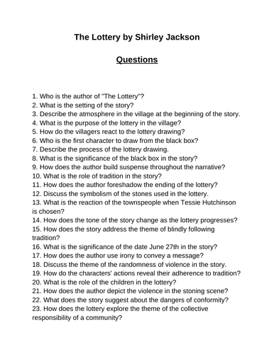 The Lottery. 40 Reading Comprehension Questions (Editable)