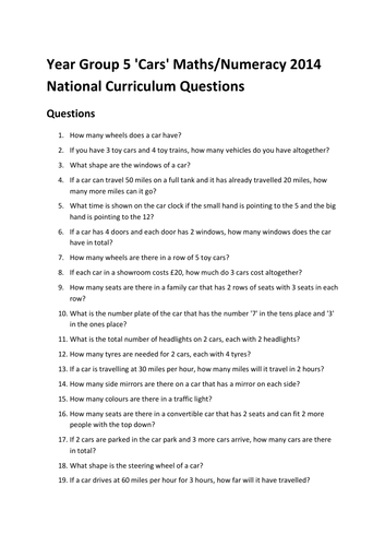 Year Group 5 'Cars' Maths/Numeracy 2014 National Curriculum Questions