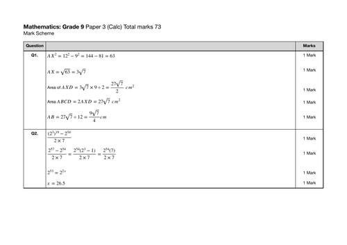 Level 9 Maths Exam Paper 3: Mark Scheme