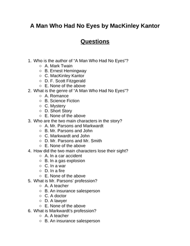 A Man Who Had No Eyes. 30 multiple-choice questions (Editable)