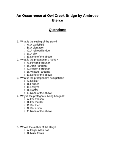 An Occurrence at Owl Creek Bridge. 30 multiple-choice questions (Editable)